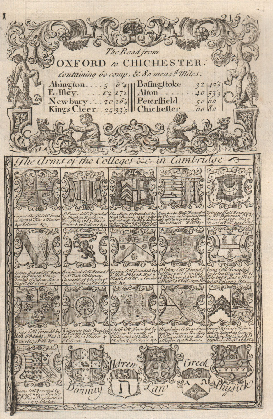 'The Arms of the Colleges in Cambridge'. J. OWEN & E. BOWEN 1753 old print